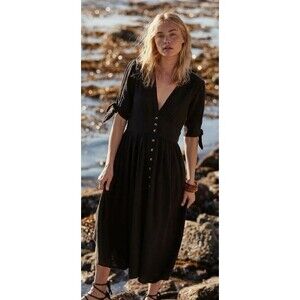 Free People Black Midi Button-Front Dress